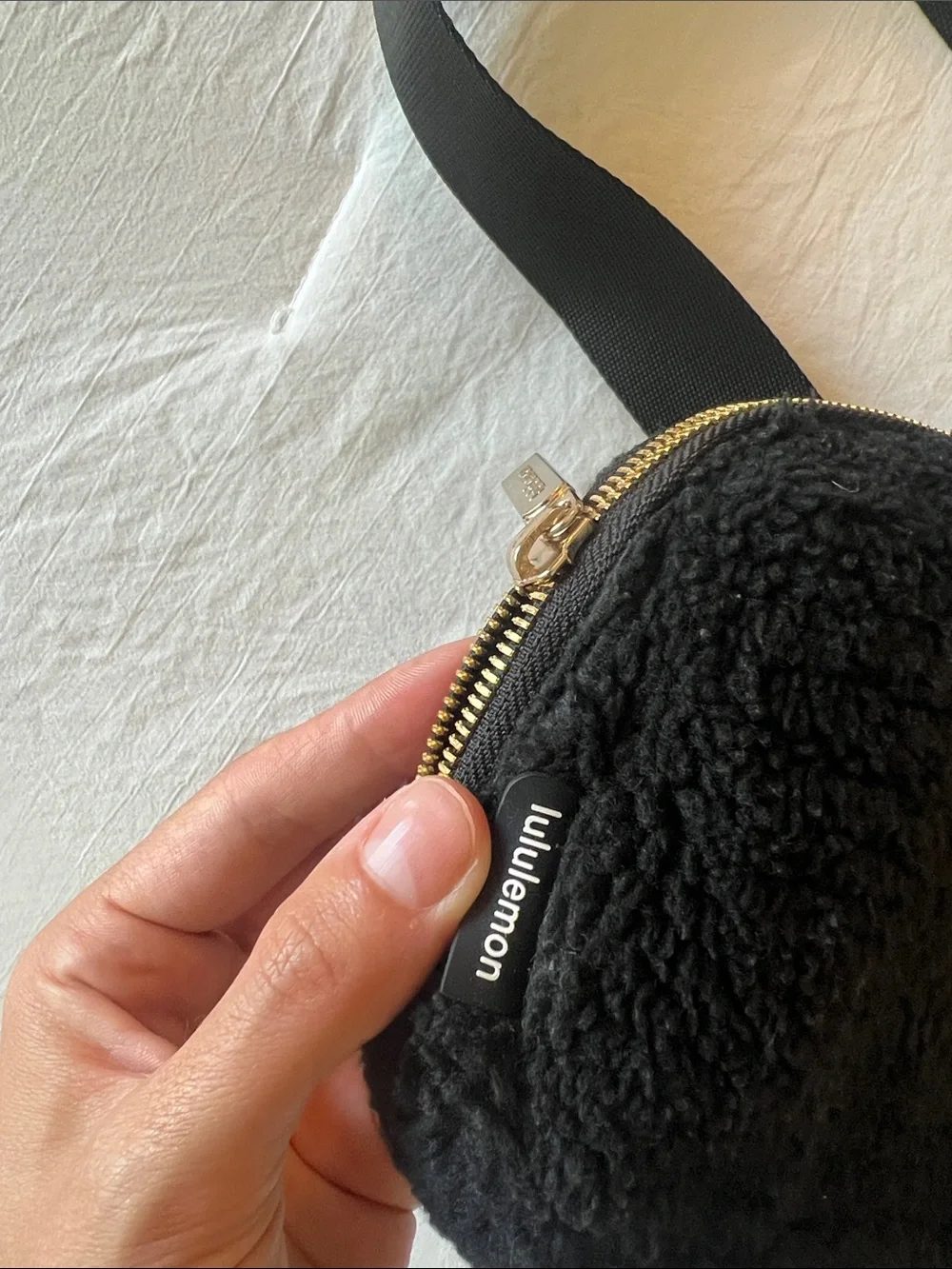 lululemon athletica Black fuzzy Crossbody Belt Bag with gold Hardware